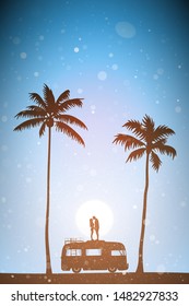 Lovers on roof of cartoon retro car at sunset. Vector illustration with silhouette of couple on palm beach. Family road trip. Pastel background with sun and flying fluff