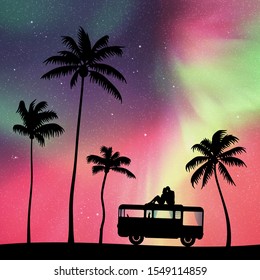 Lovers on roof of retro car at night. Vector illustration with silhouette of couple on palm beach. Family road trip. Northern lights in starry sky. Colorful aurora borealis