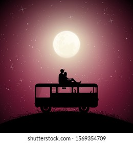 Lovers on roof of retro car on moonlit night. Vector illustration with silhouette of couple on campsite. Family road trip. Full moon in starry sky