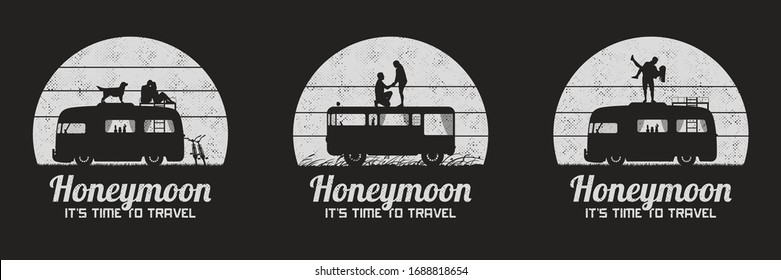 Lovers on roof of retro car. Set of black and white retro illustrations with silhouettes of couples in road trip. Guy carry girl, romantic marriage proposal. Vector backgrounds for prints, t-shirts