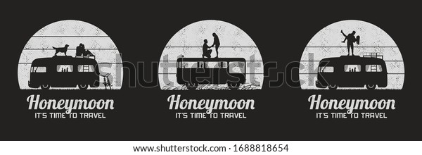 Lovers on roof of retro car. Set of black and\
white retro illustrations with silhouettes of couples in road trip.\
Guy carry girl, romantic marriage proposal. Vector backgrounds for\
prints, t-shirts