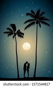 Lovers On Sand Under Palm Trees On Moonlit Night. Vector Illustration With Silhouette Of Couple On Beach. Family Summer Vacation. Full Moon In Starry Sky