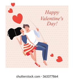 Lovers on a swing,  card for Valentine's Day in a cartoon style