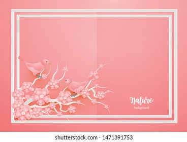 ฺฺฺฺBird  lovers on the tree branch on a natural Pink background.paper craft  and illustration style
