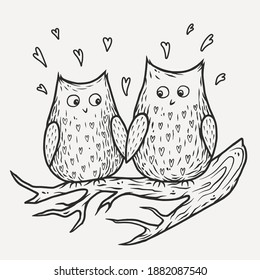Lovers owl on branch with hearts for the Valentines Day cards. Outline vector illustration t-shirt print
