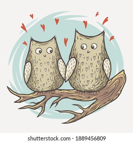 Lovers owl on branch with hearts for the Valentines Day cards. Colored vector illustration t-shirt print