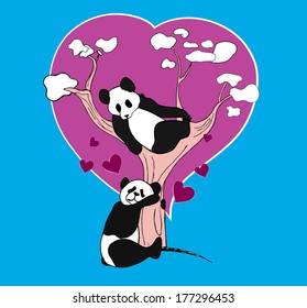 lovers panda on the pink tree vector