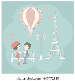 Lovers in Paris. Boy and girl sitting on a bench near Eiffel tower vector illustration. Romantic encounter. Cartoon character on blue background.