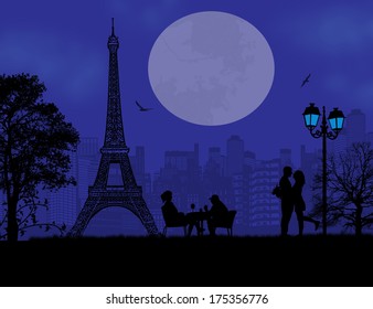 Lovers in Paris on blue sunset background, vector illustration