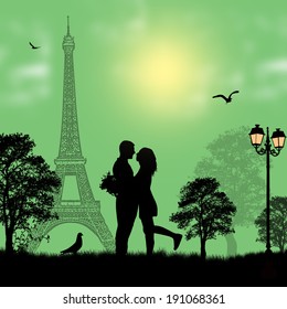 Lovers in Paris on green background, vector illustration