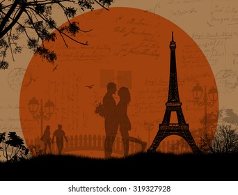 Lovers in Paris on grunge handwriting background, vector illustration