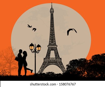 Lovers in Paris on sunset background, vector illustration