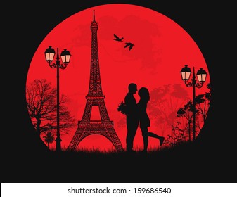 Lovers in Paris on sunset background, vector illustration