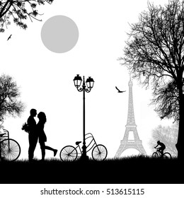 Lovers in Paris on white background. Romantic scene, vector illustration