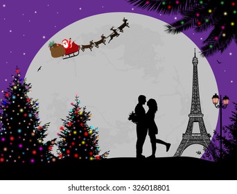 Lovers in Paris, with Santa's sleigh on romantic background, vector illustration