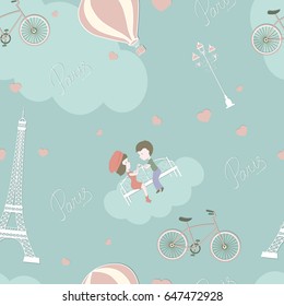 Lovers in Paris seamless pattern. Boy and girl sitting on a bench near Eiffel tower background for design. Romantic encounter. Cartoon character.