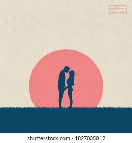 Lovers in park. Isolated silhouette of loving couple on grass. Landscape with maples. Red sun on yellow texture background. Abstract vector illustration in sumie style for use in design, decor