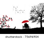 Lovers in a park on the bench under red umbrella, vector illustration