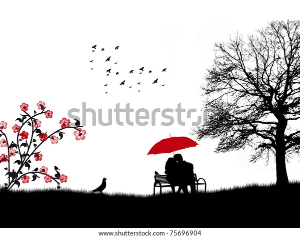 Lovers in a park on the bench under red umbrella, vector illustration