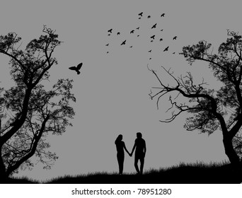 Lovers in a park on grey background, vector illustration