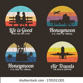 Lovers in park. Retro backgrounds set. Loving couple silhouettes. People in balloon basket, aircraft in sky