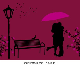 Lovers in a park under red umbrella, vector illustration