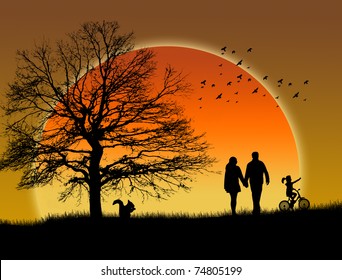 Lovers in a park under sunset, vector illustration