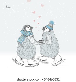 lovers penguins skates on the ice. freehand drawing. vector