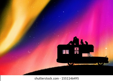 Lovers and pets on roof of retro car at night. Vector illustration with silhouette of couple on campsite. Family road trip. Northern lights in starry sky. Colorful aurora borealis