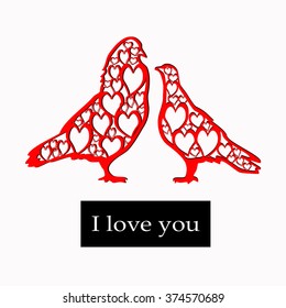 Lovers of pigeons on a postcard. Vector illustration of a bird with hearts Valentine's Day.