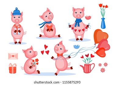 Lovers pigs vector set kid cartoon animal pose, domestic cute piggy isolated on white, farmer animals, Character design for greeting card, children invitation, creation of alphabet, valentines days