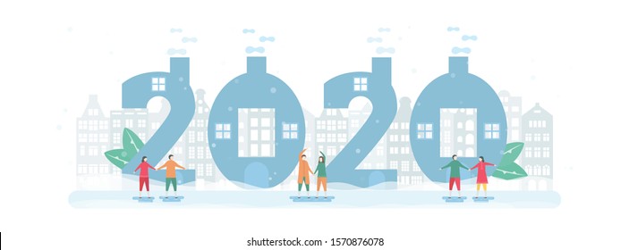 Lovers play ice skating with city background for winter 2020. Vector illustration is in flat style.