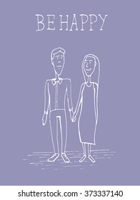 Lovers poster. Cute hand drawn young couple on a walk. Valentine's Day background