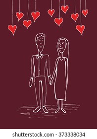 Lovers poster. Cute hand drawn young couple on a walk. Valentine's Day background