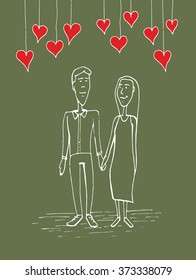 Lovers poster. Cute hand drawn young couple on a walk. Valentine's Day background
