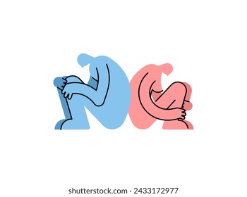 Lovers' quarrel. Two people are sitting with their faces turned away. Pain and disappointment in a partner. The concept of divorce and separation of a couple of loved ones.