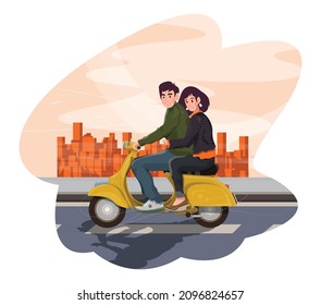 Lovers ride a moped through the city. Colorful detailed illustration with a young couple. 