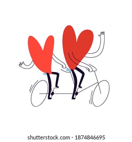 The lovers ride a two-seater bicycle. Hand drawn two hearts ride a tandem bike. Vector stock illustration in cartoon style on a white background.