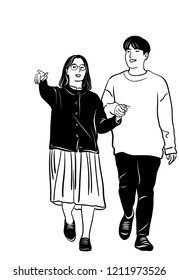 The lover's are roaming around holding hands while his girlfriend is pointing somewhere with a phone on her hand. Concept Dating and sight seeing