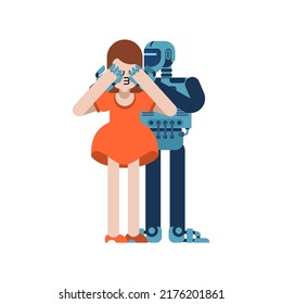 Lovers robot game closes your eyes from behind. Loving couple cyborg and Girl. Romantic relationship. Love and robot illustration 7