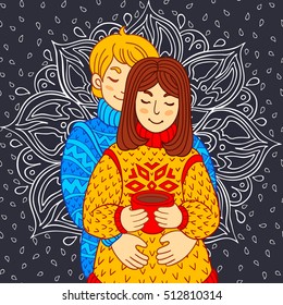 The lovers, romantic card. Young man embraces the girl who holds a cup of tea against a background of a painted flower mandala and rain. Vector illustration in cartoon style. 