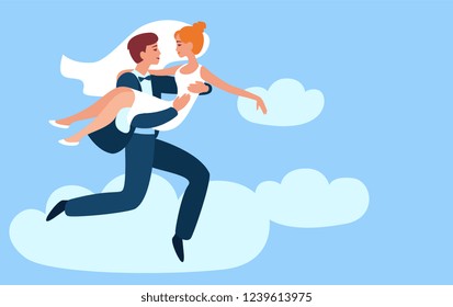 Lovers run on clouds. Groom carries bride in his arms in the clouds.
