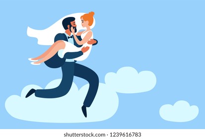Lovers run on clouds. Groom carries bride in his arms in the clouds.