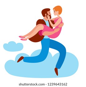 lovers run on clouds. man carries a woman in his arms in the clouds.