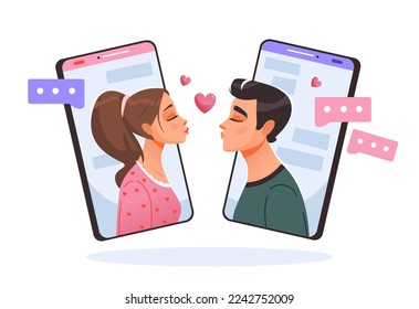 Lovers send love messages and kisses over the phone. Valentine's day. Cartoon vector illustration
