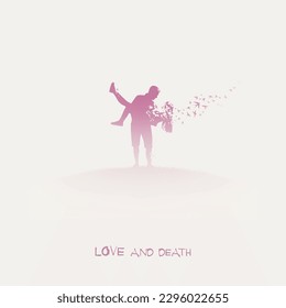 Lovers silhouette. Death, afterlife. Flying bird. Isolated silhouette