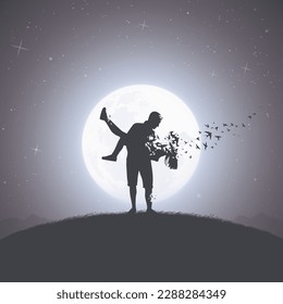 Lovers silhouette in full moon. Loss of loved one. Death and afterlife
