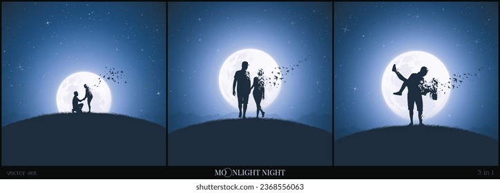 Lovers silhouette in full moon. Loss of loved one. Death and afterlife