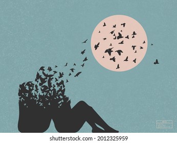 Lovers silhouette. Loving couple and flying birds. Death and afterlife