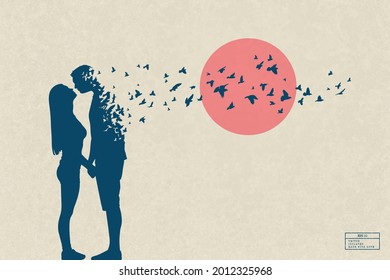 Lovers silhouette. Loving couple and flying birds. Death and afterlife